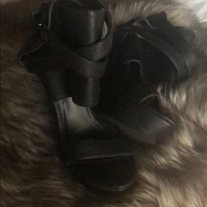 Black Leather Strappy Wedges